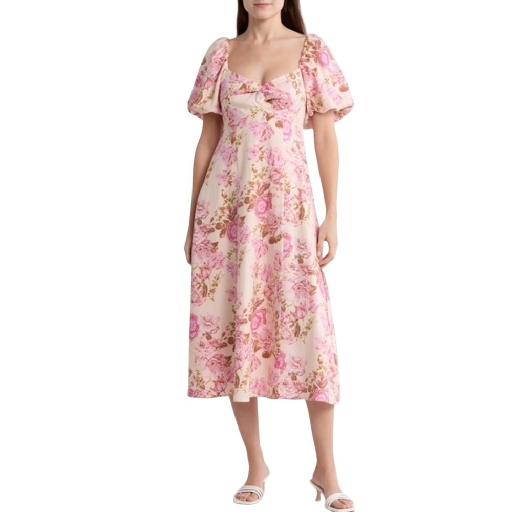 NWT Avec Les Filles‎ Women's Linen Twist Puffed Sleeve Dress Pink Rococo Floral